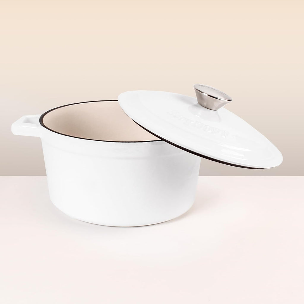 BergHOFF 3Pc Neo Enameled Cast Iron Cookware Set, 3qt. Dutch Oven, Matching Lid, Square Grill Pan 11 Inches, Oven Safe Up To 400°F, White