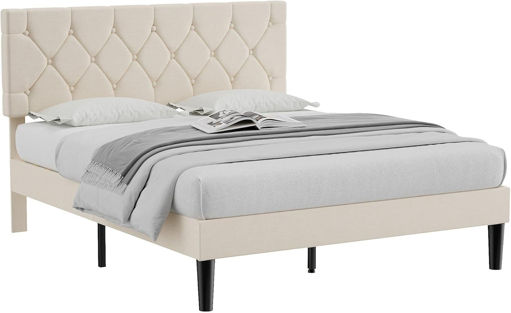 VECELO Queen Bed Frame with Button Tufted Headboard, Upholstered Platform with Wooden Slat Support, No Box Spring Needed, Cream Beige