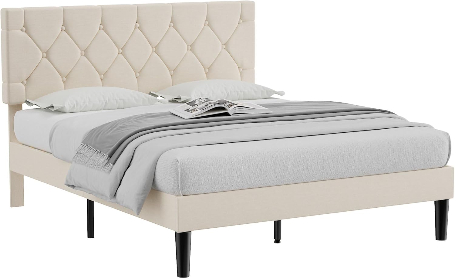 VECELO Queen Bed Frame with Button Tufted Headboard, Upholstered Platform with Wooden Slat Support, No Box Spring Needed, Cream Beige