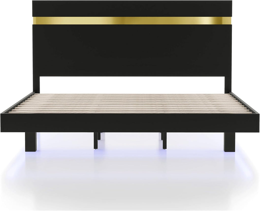 Furniture of America Ansten Modern Wood 5-Piece Platform Bedroom Set with Gold Trim, Underbed LED, Dust Proof Cases, Bracketed Metal Legs, No Box Spring Needed, Twin, Black