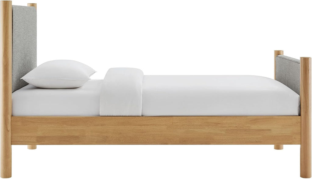 Modway Maven Twin Size Bed Frame in Wheat Oak with Upholstered Fabric Headboard and Footboard – Wood Twin Platform Bed Frame – No Box Spring Needed