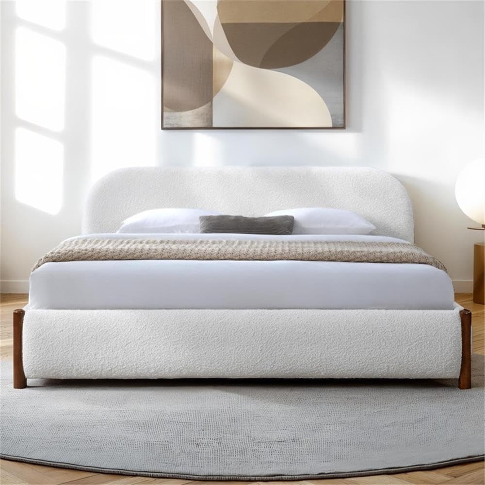 Pemberly Row Upholstered Platform King Bed, White Cream Bouclé Fabric, Solid Wood Legs, Durable Slat Base, No Box Spring Required, Modern Design, 38.2' H x 85.3' W x 87.8' D, Cozy Bedroom Furniture