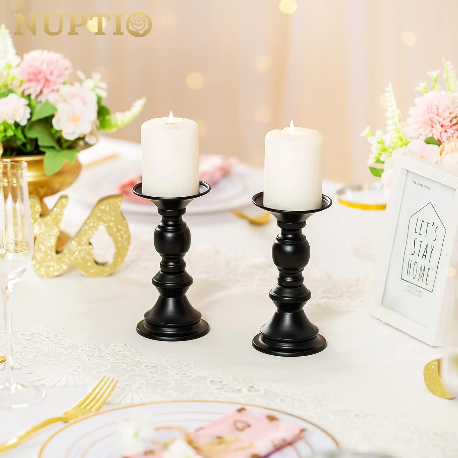 Nuptio 10 Pcs Black Candle Holders for Pillar Candles, Metal Candle Holder for 50mm Candles, Pillar Candle Holder Centerpieces for Wedding Anniversary Housewarming Christmas Party Tables