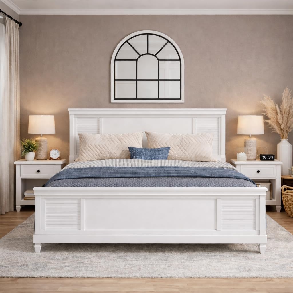 Christopher Knight Home Todie Modern Queen Size Bed Frame with Headboard, Wooden Queen Size Platform Bed Frame, Farmhouse Queen Size Bed Set, No Box Spring Needed, Easy Assembly, White