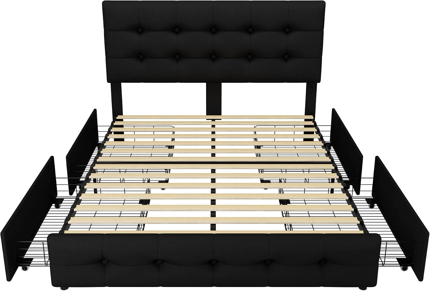 TTVIEW Full Size Bed Frame with 4 Storage Drawers and Adjustable Headboard, Upholstered Platform Bed with Button Tufted Design, Strong Wooden Slats Support, No Box Spring Needed, Black