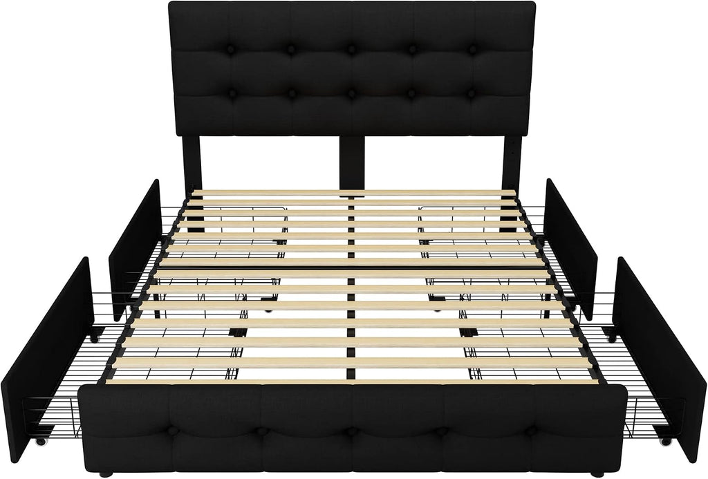 TTVIEW Queen Bed Frame with 4 Storage Drawers and Adjustable Headboard, Upholstered Platform Bed with Button Tufted Design, Strong Wooden Slats Support, No Box Spring Needed, Black