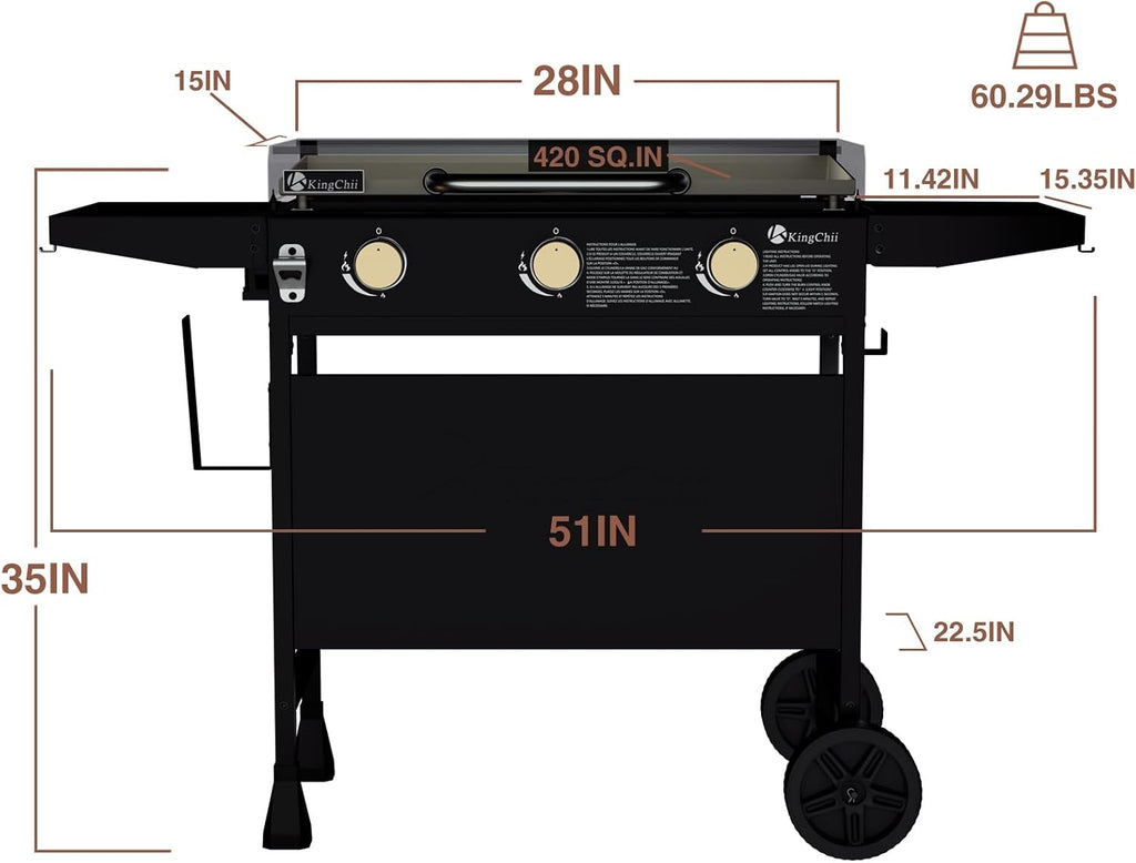 KingChii 28' 3-Burner Griddle with Integrated Protective Hood and Counter Height Side Shelves, Powder Coated Steel, Black