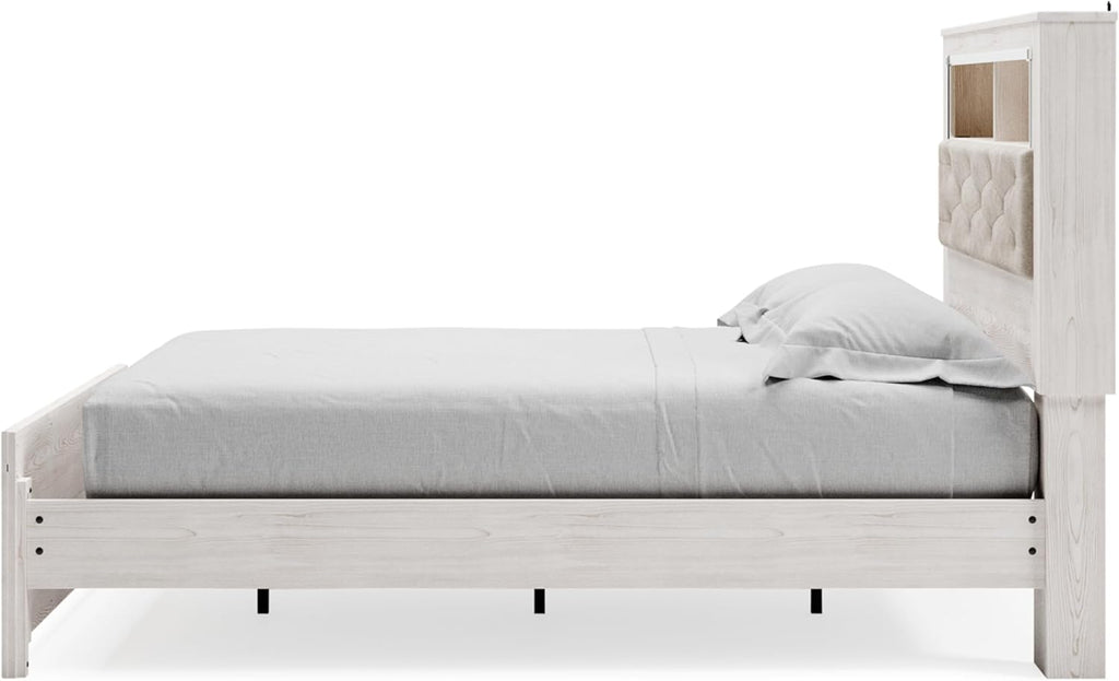 Signature Design by Ashley Altyra Glam Tufted Upholstered Queen Platform Bookcase Bed with LED Lighting, Foundation or Box Spring Not Needed, White
