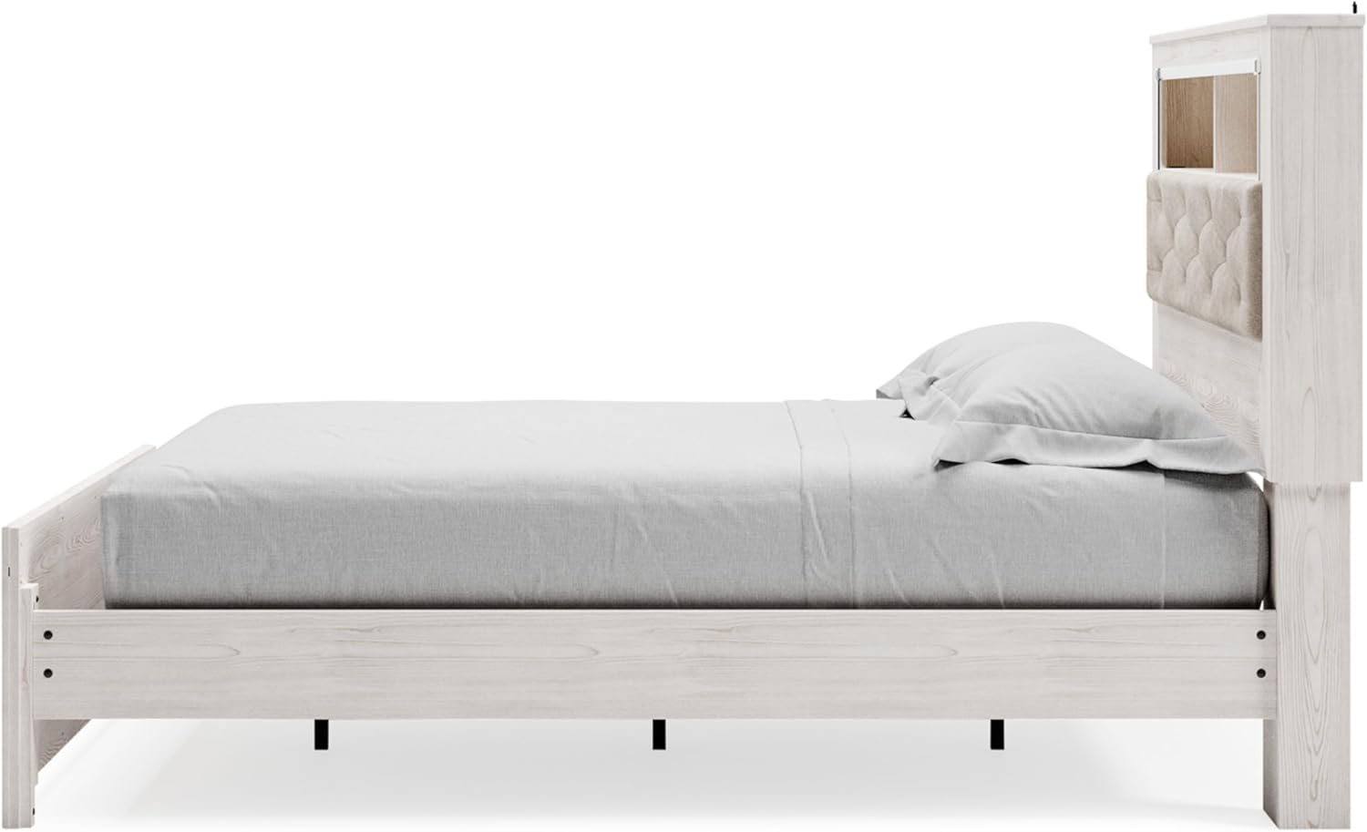 Signature Design by Ashley Altyra Glam Tufted Upholstered Queen Platform Bookcase Bed with LED Lighting, Foundation or Box Spring Not Needed, White
