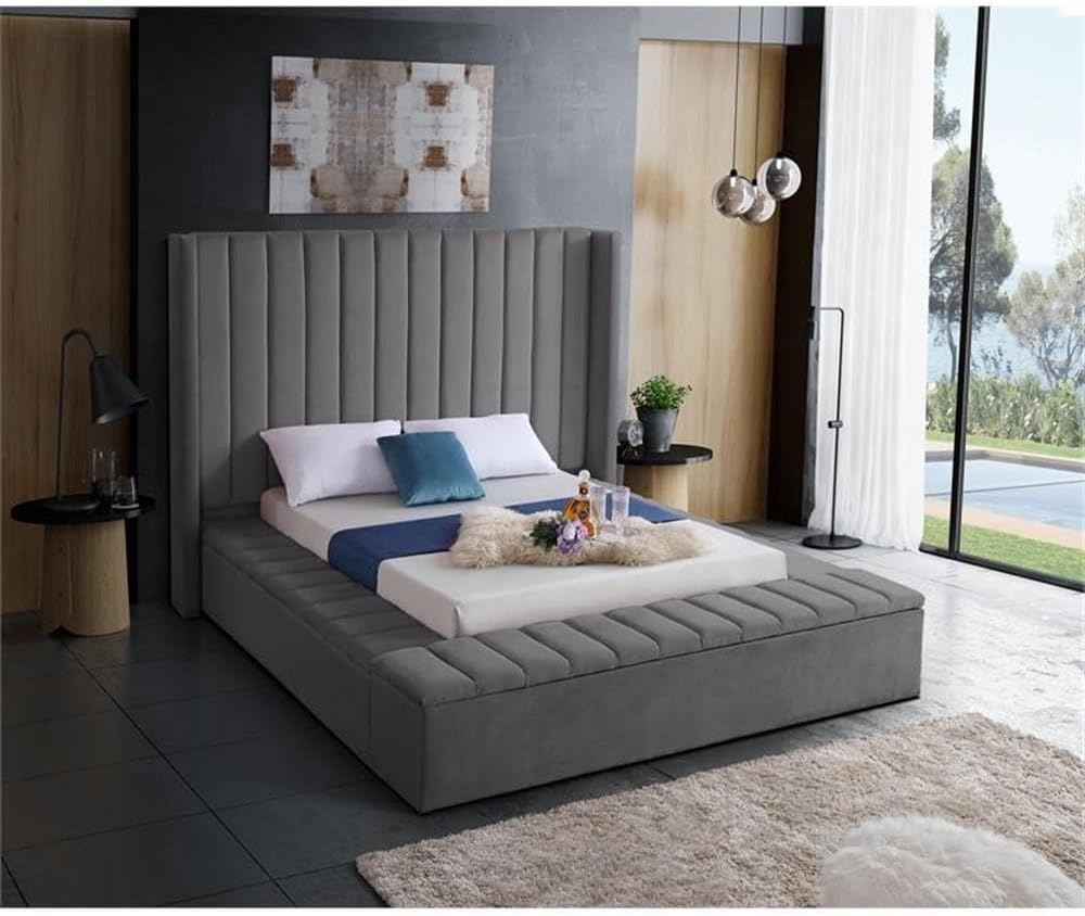 Meridian Furniture Kiki Collection Modern | Contemporary Velvet Upholsterd Bed with Channel Tufting, Siderails and Footboard Storage Compartments, Full, Grey