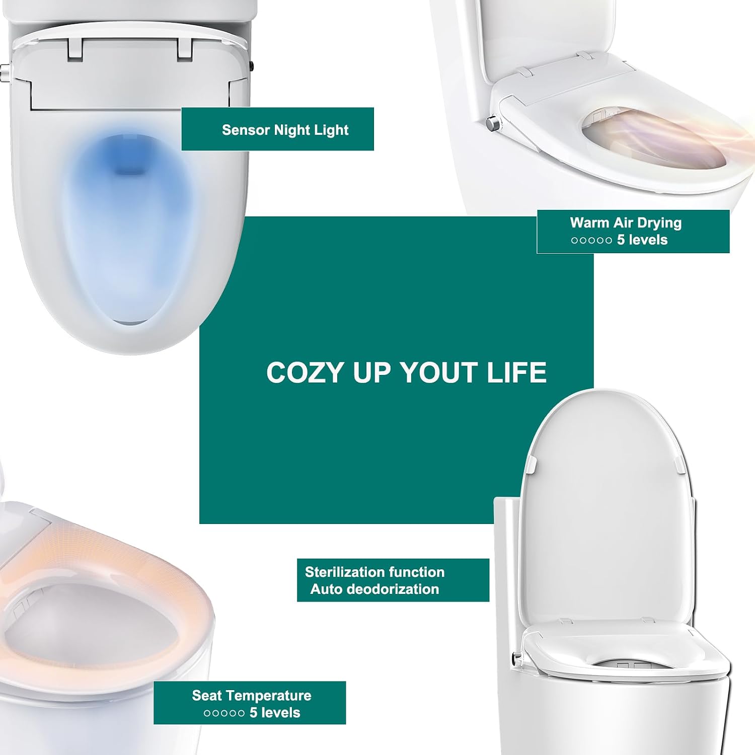 AQUATIZ Elongated Smart Toilet Bidet, Electric Toilet Seat with Self-Cleaning Nozzle, Adjustable Warm Water, Deodorizer, Air Dryer, LED Night light (Remote Control)
