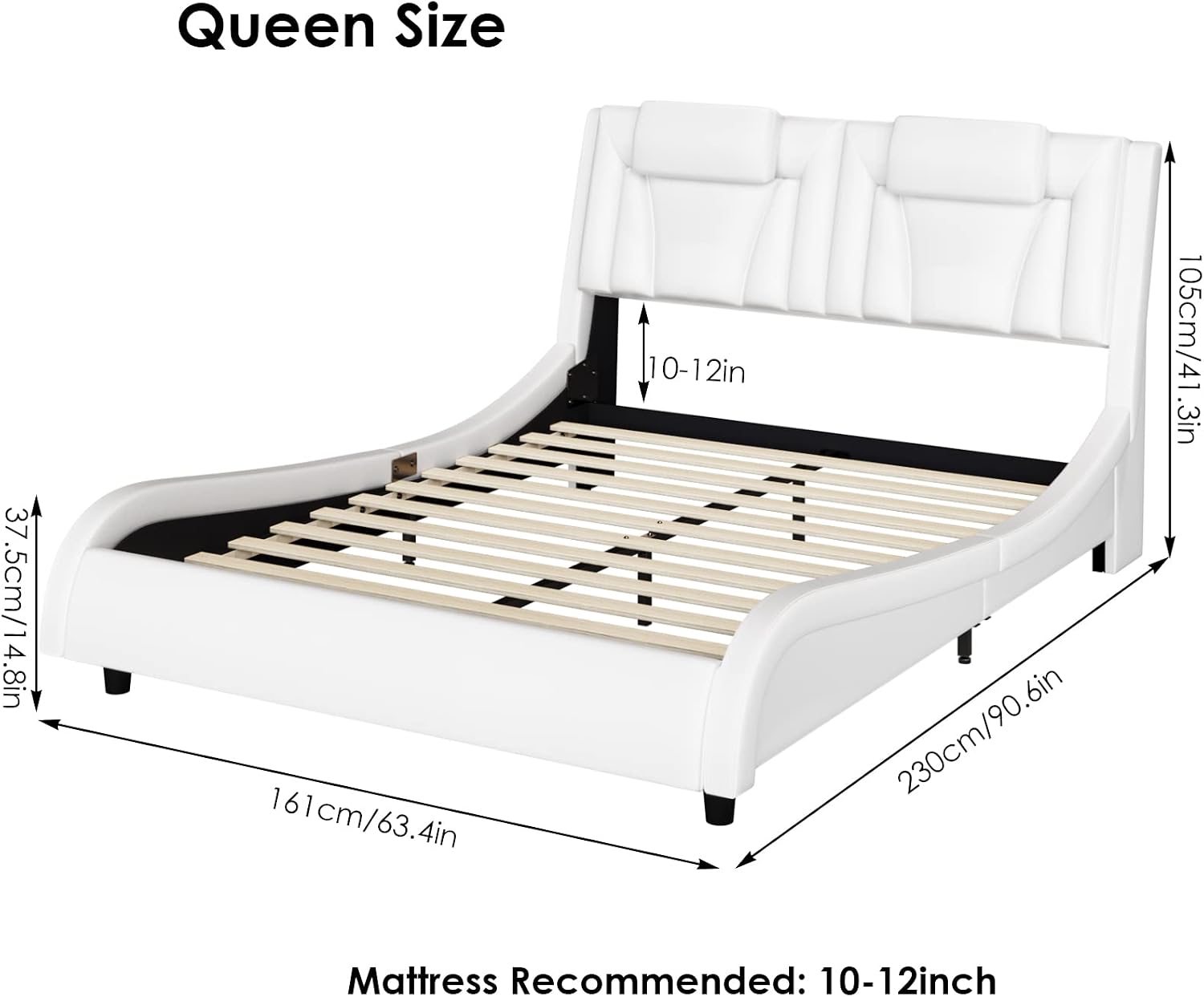 Keyluv Queen Size LED Bed Frame with Adjustable Headboard & Removable Pillow, PU Leather Upholstered Platform Bed, Wave-Like Curve Safety Design, Solid Wooden Slats Support, Easy Assembly, White