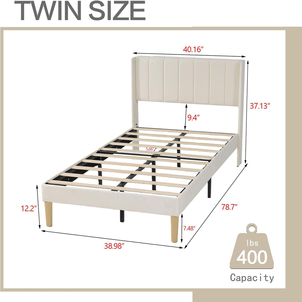 AGARTT Upholstered Platform Bed Frame Twin Size with Headboard and Footboard/Wooden Slats Support/No Box Spring Needed/Easy Assembly,Beige Velvet
