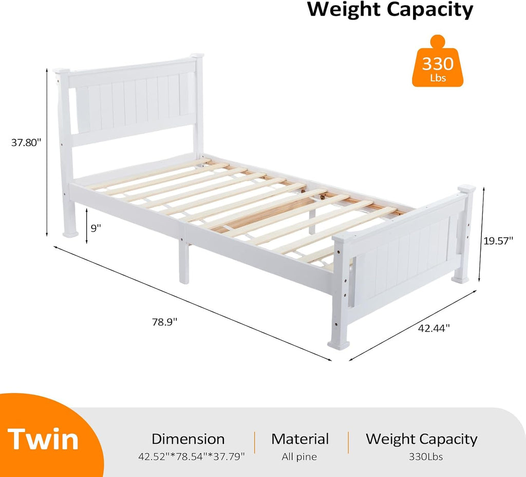 VINGLI Twin Bed Frame Set of 2 Solid Wood Platform Bed Frame, Single Bed with Headboard, No Box Spring Needed Panel Bed, Wood Slat Support Mattress Foundation, White