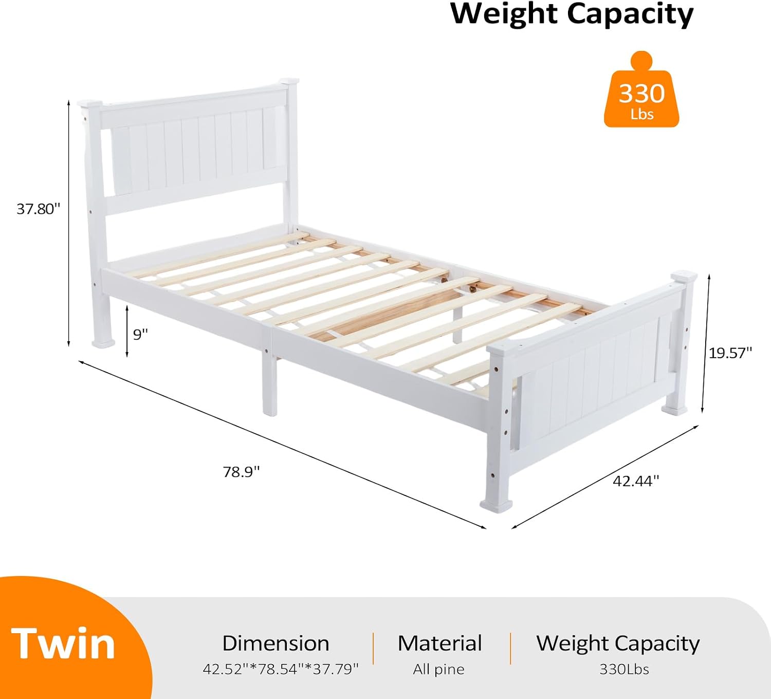 VINGLI Twin Bed Frame Set of 2 Solid Wood Platform Bed Frame, Single Bed with Headboard, No Box Spring Needed Panel Bed, Wood Slat Support Mattress Foundation, White