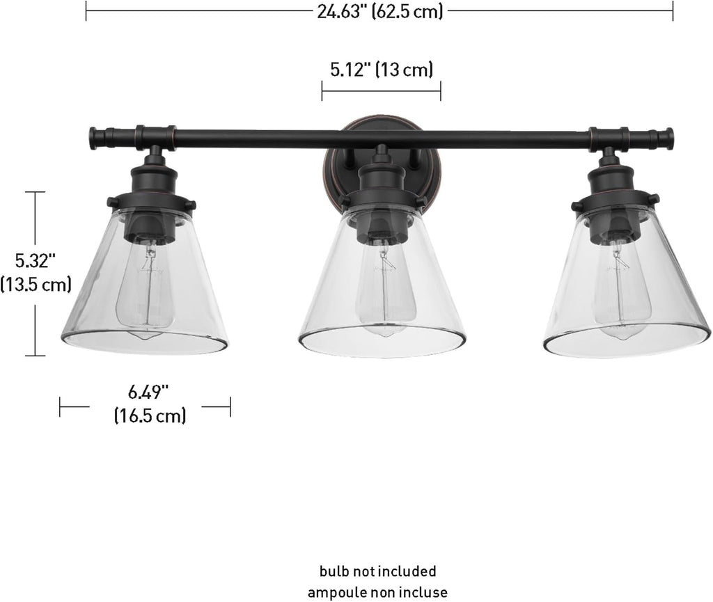 Globe Electric 50192 Parker 5-Piece All-In-One Bathroom Set, Oil Rubbed Bronze, 3-Light Vanity Light with Clear Glass Shades, Towel Bar, Towel Ring, Robe Hook, Toilet Paper Holder, Oil-rubbed Bronze