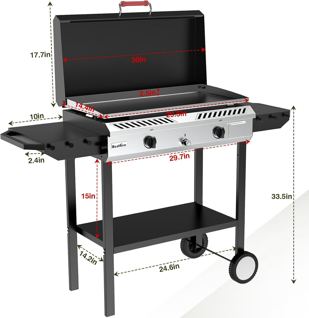 Bestfire 2 Burner Outdoor Propane Gas Stove with Auto Ignition & Regulator, 150,000 BTU High-Pressure Stand Cooker with Flat Top Grill Griddle & Shelf, Portable Cast Iron Burner for Canning & Frying