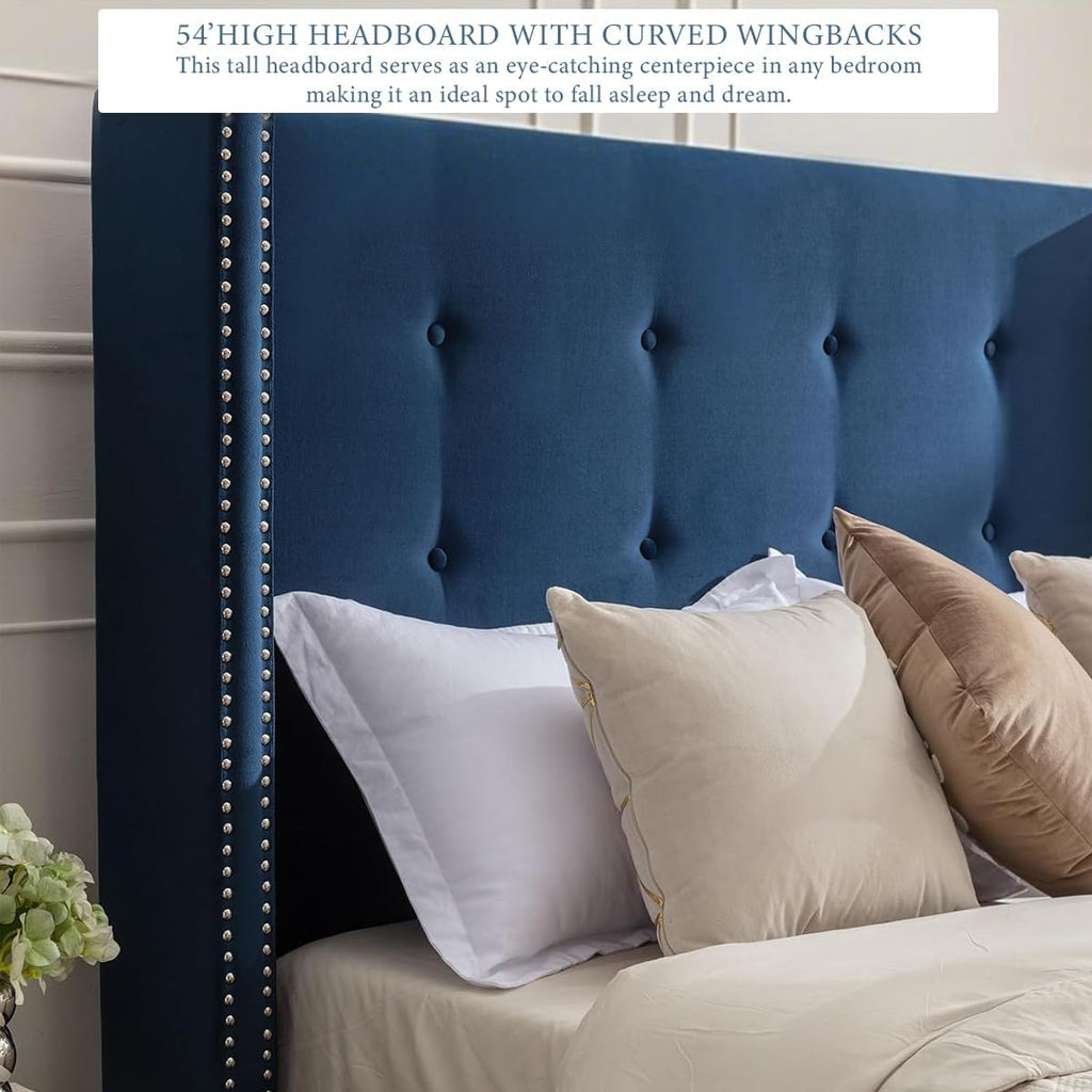 King Size Bed Frame,54'High Headboard Button Tufted Nailhead Trimmed Backrest Headboard,Velvet Metal Upholstered Platform Bed Frame,Wooden Slats Provide Strong Support,No Springs Required,Blue