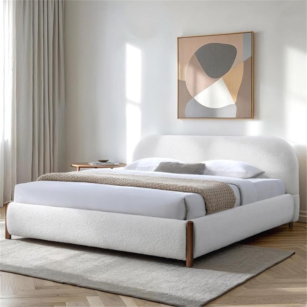 Pemberly Row Upholstered Platform King Bed, White Cream Bouclé Fabric, Solid Wood Legs, Durable Slat Base, No Box Spring Required, Modern Design, 38.2' H x 85.3' W x 87.8' D, Cozy Bedroom Furniture