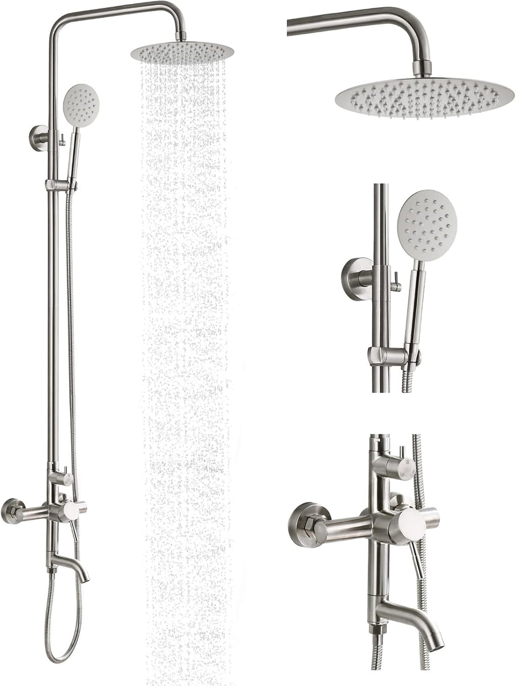 gotonovo Stainless Steel SUS304 Silver Shower faucet Set Wall Mount Triple Function Shower System 8 inches Shower Head Bathroom Adjustable Hand Spray Rainfall Brushed Nickel Shower Faucet Complete Set