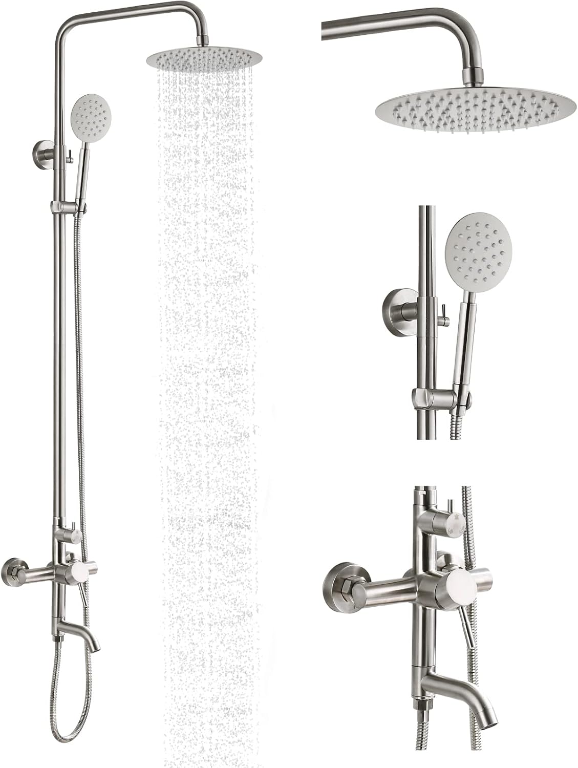 gotonovo Stainless Steel SUS304 Silver Shower faucet Set Wall Mount Triple Function Shower System 8 inches Shower Head Bathroom Adjustable Hand Spray Rainfall Brushed Nickel Shower Faucet Complete Set
