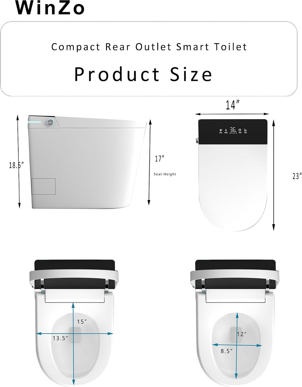 WinZo Rear Outlet Smart Toilet With Bidet, Back Flush Auto Open, Auto Flush, Instsant Heated Seat, Warm Water and Dryer, LED Night Light for Basement Bathrooms (White, 23'D x 14'W x 18.5'H)