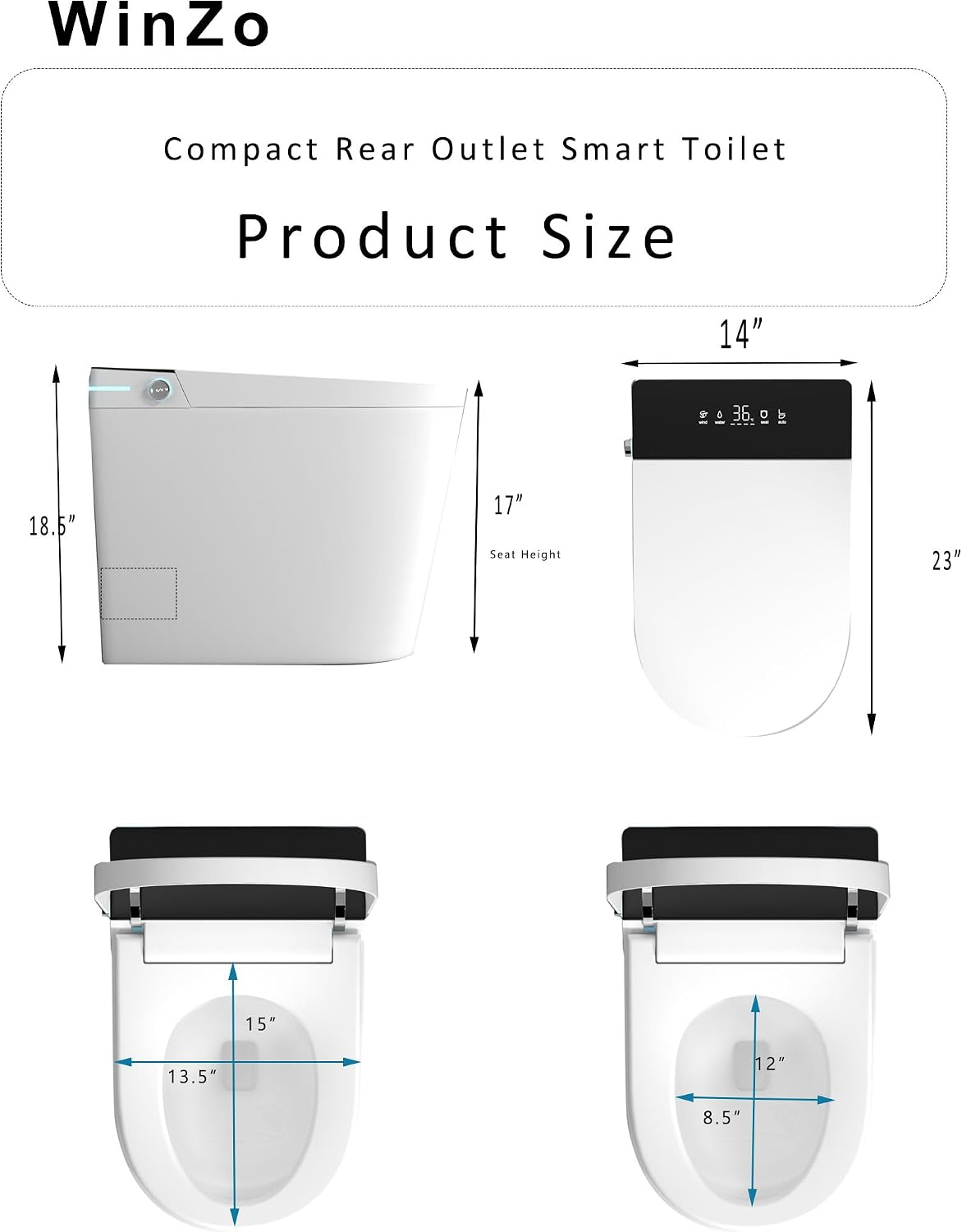 WinZo Rear Outlet Smart Toilet With Bidet, Back Flush Auto Open, Auto Flush, Instsant Heated Seat, Warm Water and Dryer, LED Night Light for Basement Bathrooms (White, 23'D x 14'W x 18.5'H)