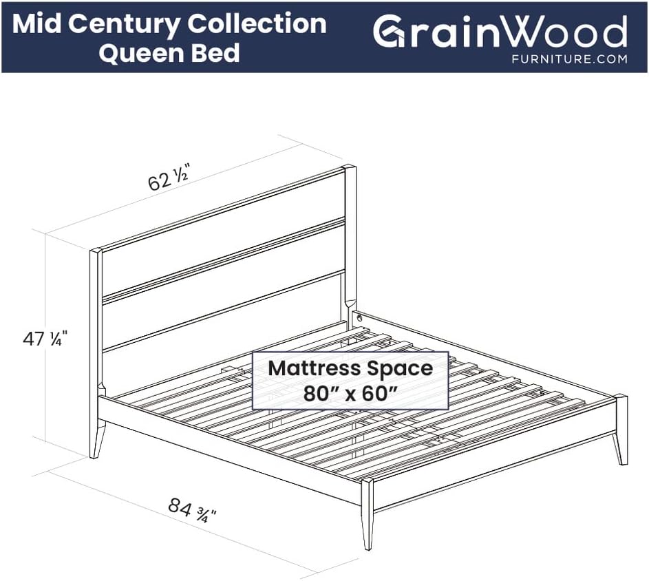 Grain Wood Furniture Mid Century Solid Wood Platform Bed, Queen Size, Brushed Walnut