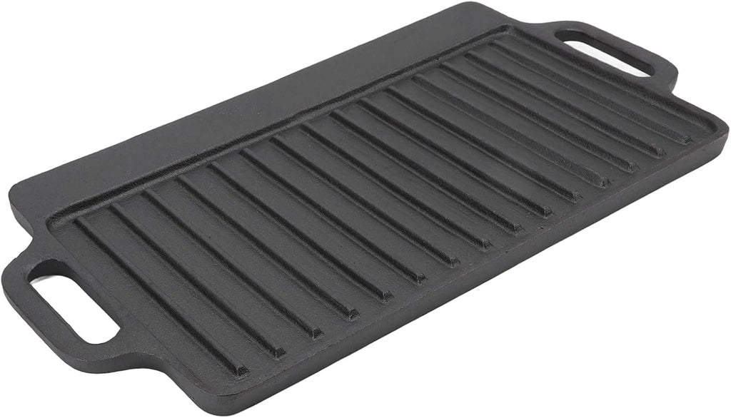 Cast Iron Grill Griddle, Double Sided Rectangular Teppanyaki Plate with Easy Grip Handles, for Barbecue Steak Chicken Pancakes Bacon Eggs (51x23CM)