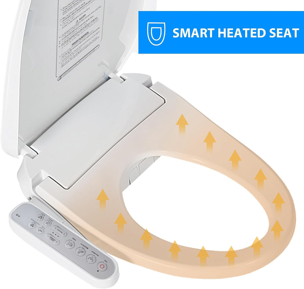 Smart Bidet Toilet Seat with Side Panel, Elongated Toilet Seat with Flush Function, Multiple Spray Patterns, Electronic Heated Bidet Seat with Warm Air Dryer, Back and Front Wash, Nightlight