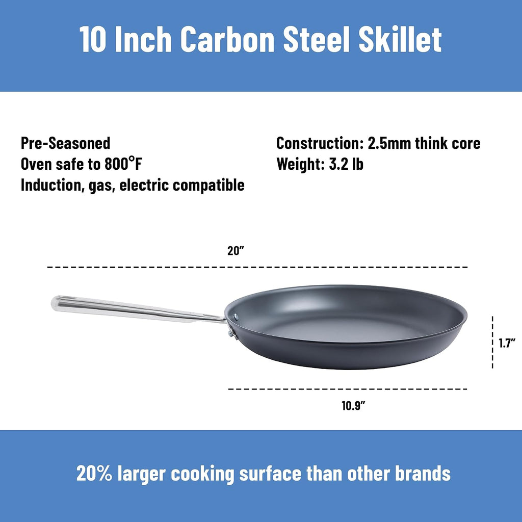 Misen 10 Inch Pre-Seasoned Carbon Steel Fry Pan – Lightweight, Even Heating, Heat Retention – Oven Safe to 500°F – Ideal for Searing, Sautéing, and Frying – Versatile Durable, Easy to Clean