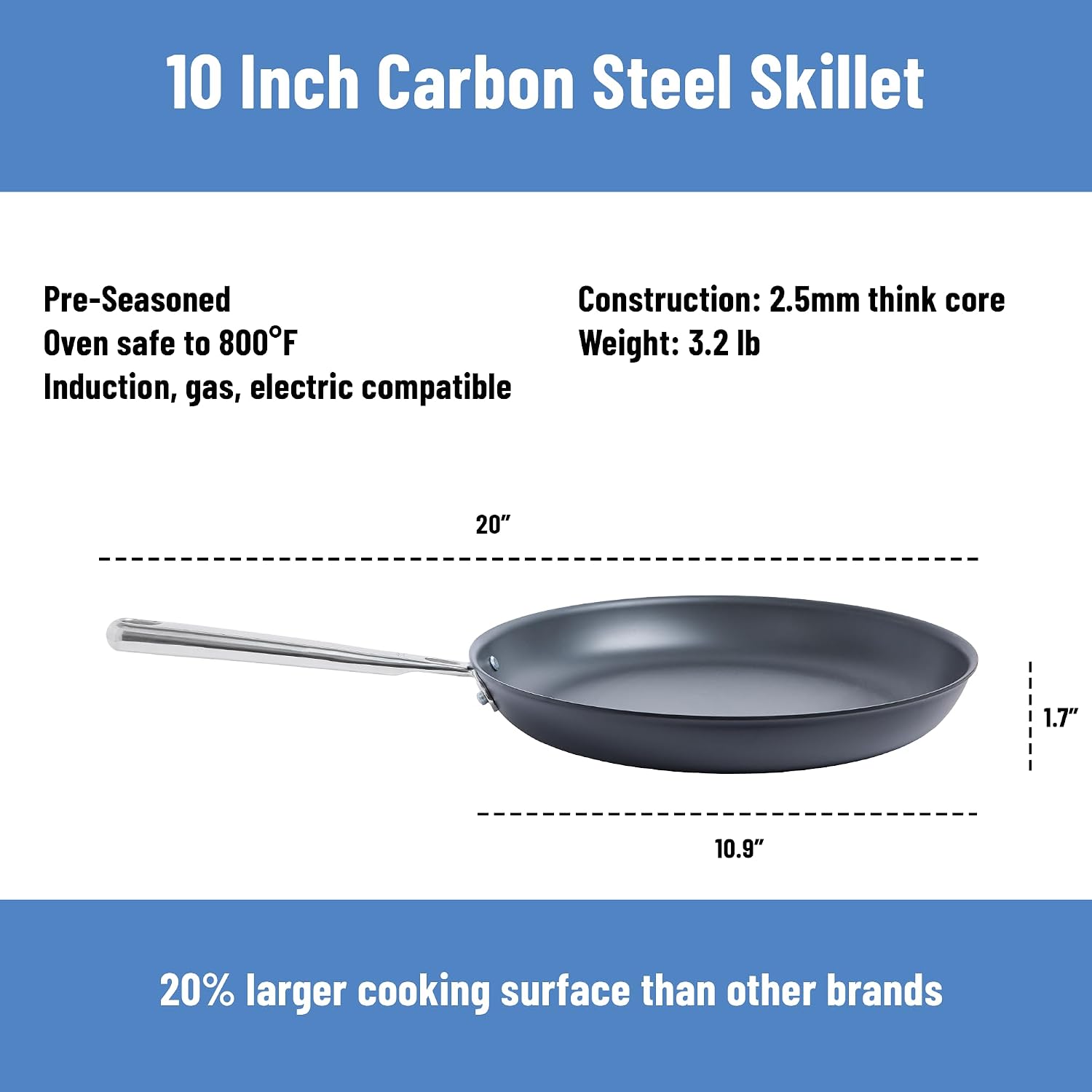 Misen 10 Inch Pre-Seasoned Carbon Steel Fry Pan – Lightweight, Even Heating, Heat Retention – Oven Safe to 500°F – Ideal for Searing, Sautéing, and Frying – Versatile Durable, Easy to Clean