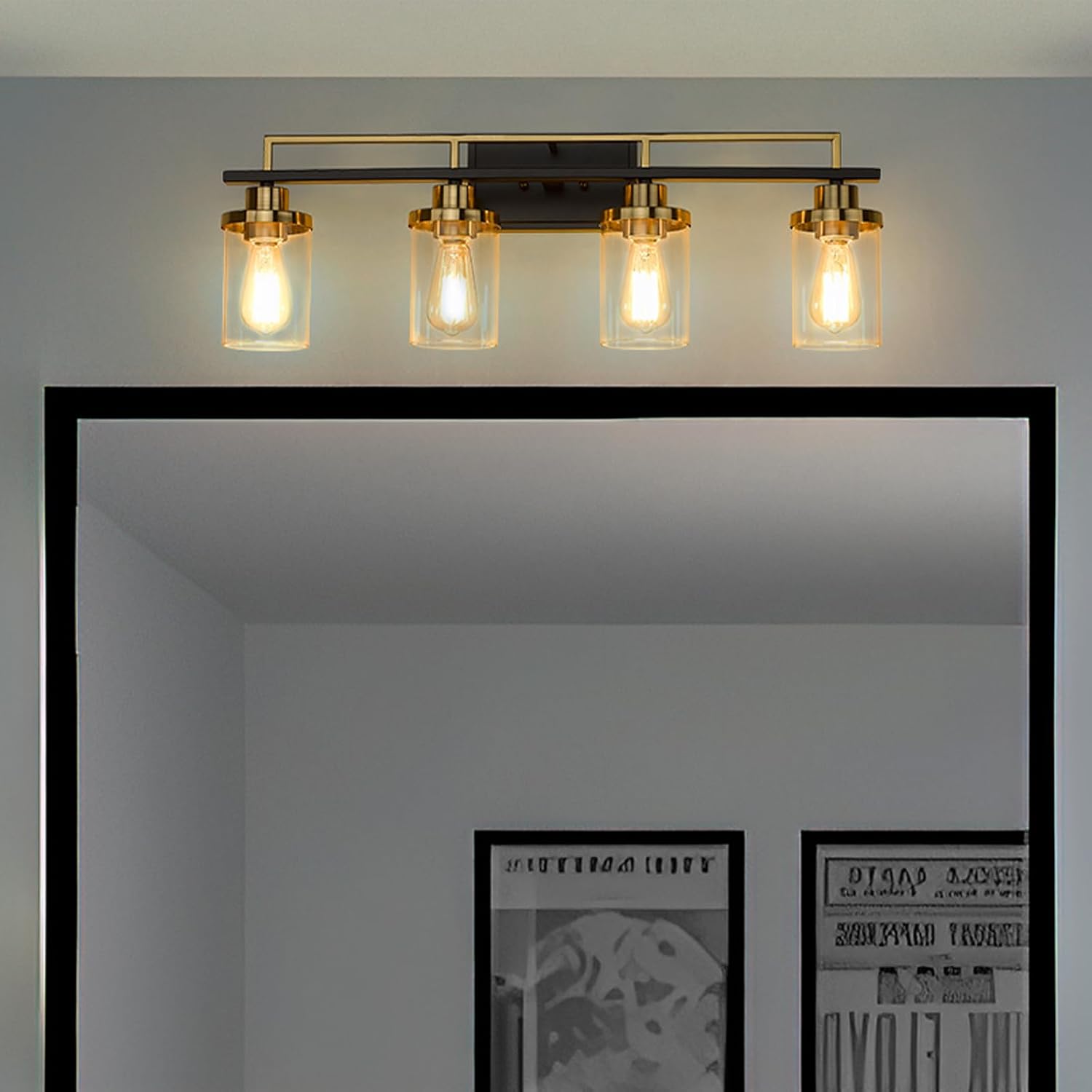 Emliviar Modern Bathroom Vanity Light - 4-Light Wall Lights for Bathroom, Black and Gold Finish with Clear Glass, YCE238B-4W BK+BG
