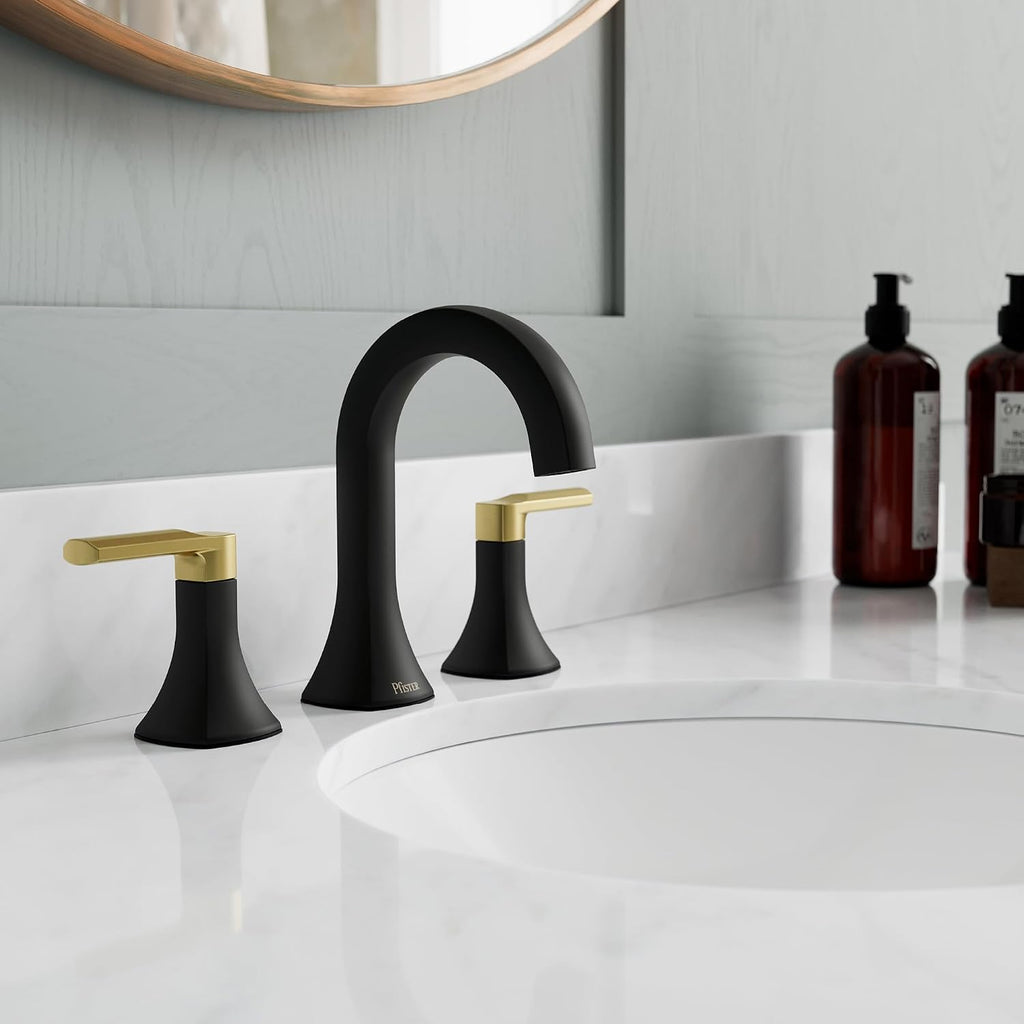 Pfister Vaneri Bathroom Sink Faucet 8 in Widespread 2-Handle 3-Hole NSF Certified Water-Efficient Matte Black and Brushed Gold Finish Push & Seal Drain LF049VRIBBG