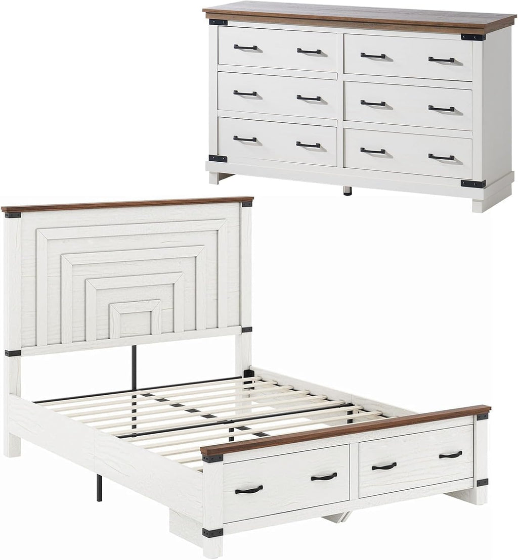 AMERLIFE 2 Pieces Farmhouse Bedroom Set, Rustic Wooden Queen Bed Frame with 54' Tall Headboard & 6 Drawers Dresser Chest, Heavy Duty Thick Plank Design, Antique White
