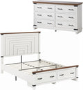 AMERLIFE 2 Pieces Farmhouse Bedroom Set, Rustic Wooden Queen Bed Frame with 54' Tall Headboard & 6 Drawers Dresser Chest, Heavy Duty Thick Plank Design, Antique White