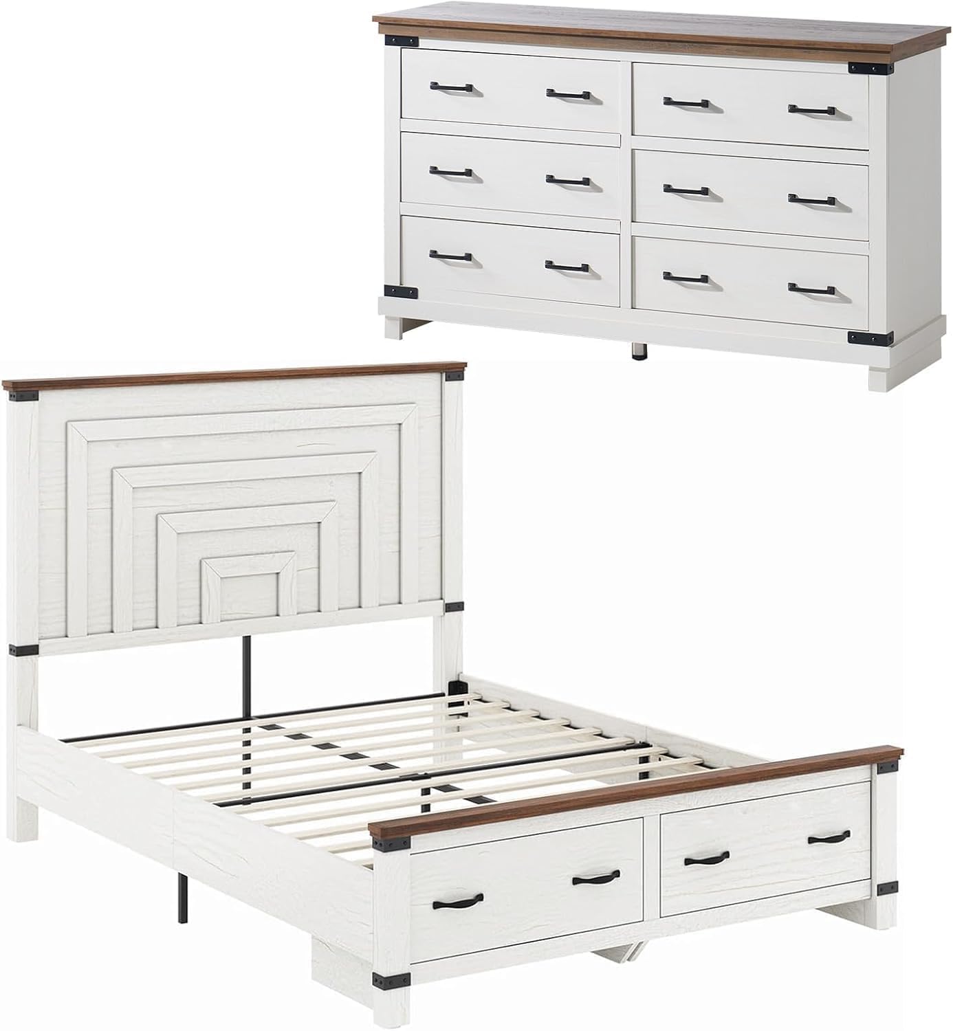 AMERLIFE 2 Pieces Farmhouse Bedroom Set, Rustic Wooden Queen Bed Frame with 54' Tall Headboard & 6 Drawers Dresser Chest, Heavy Duty Thick Plank Design, Antique White