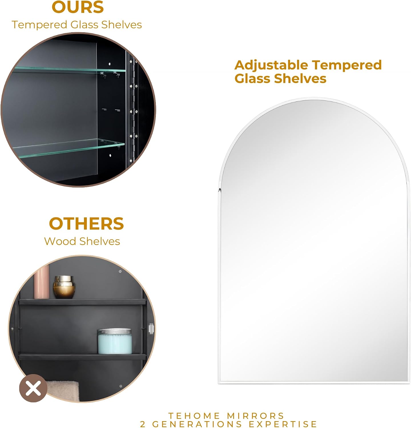 TEHOME 20 x 30'' Polished Nickel Arched Bathroom Medicine Cabinet with Mirror Recessed and Surface Mount Medicine Cabinet Mirror