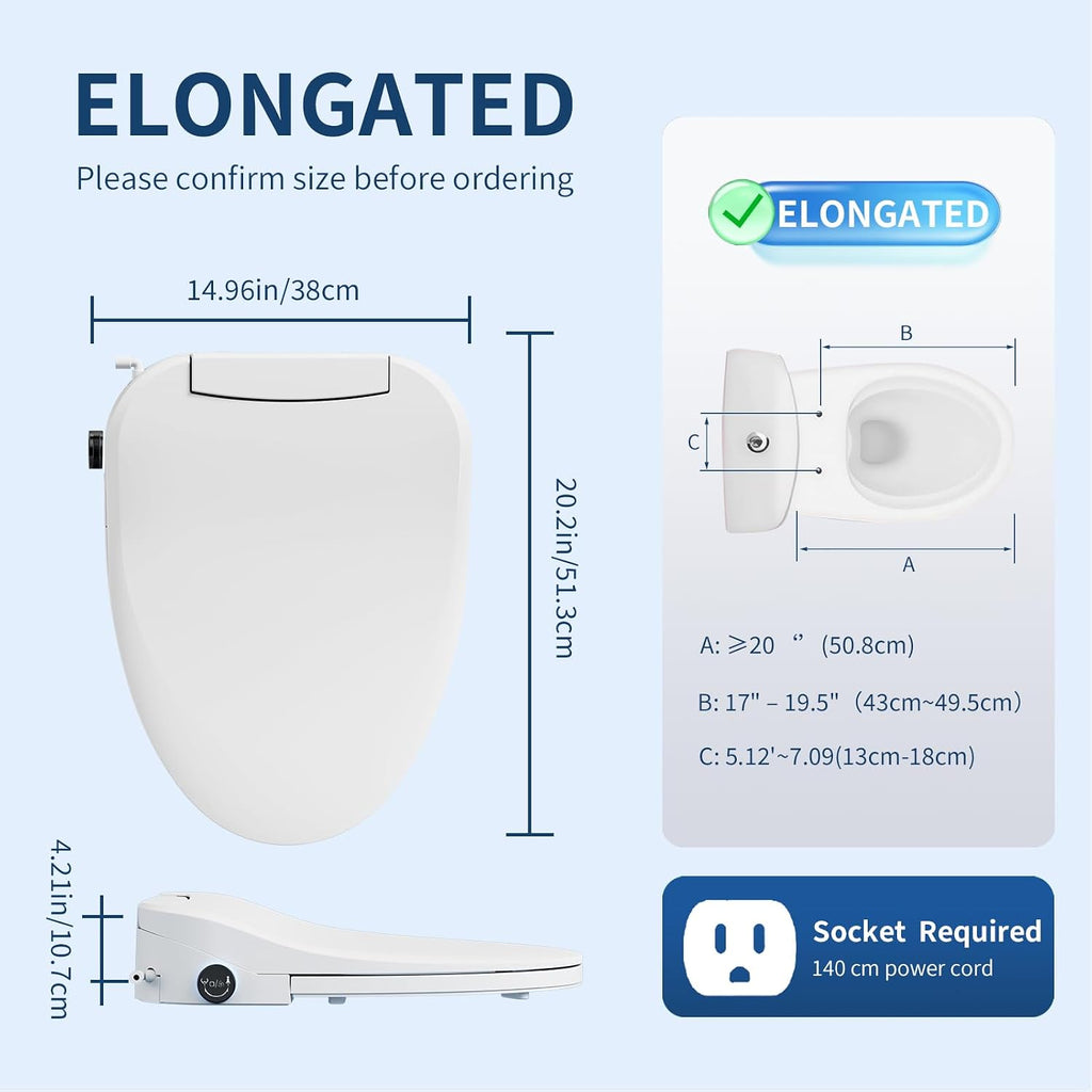Smart Bidet Toilet Seat Elongated, Electric Heated Seat Instant Warm Water&Air Dryer, Soft Close Lid Night Light, Remote Control No Water Pressure Limit, Energy Saving Mode for Men Women Kids