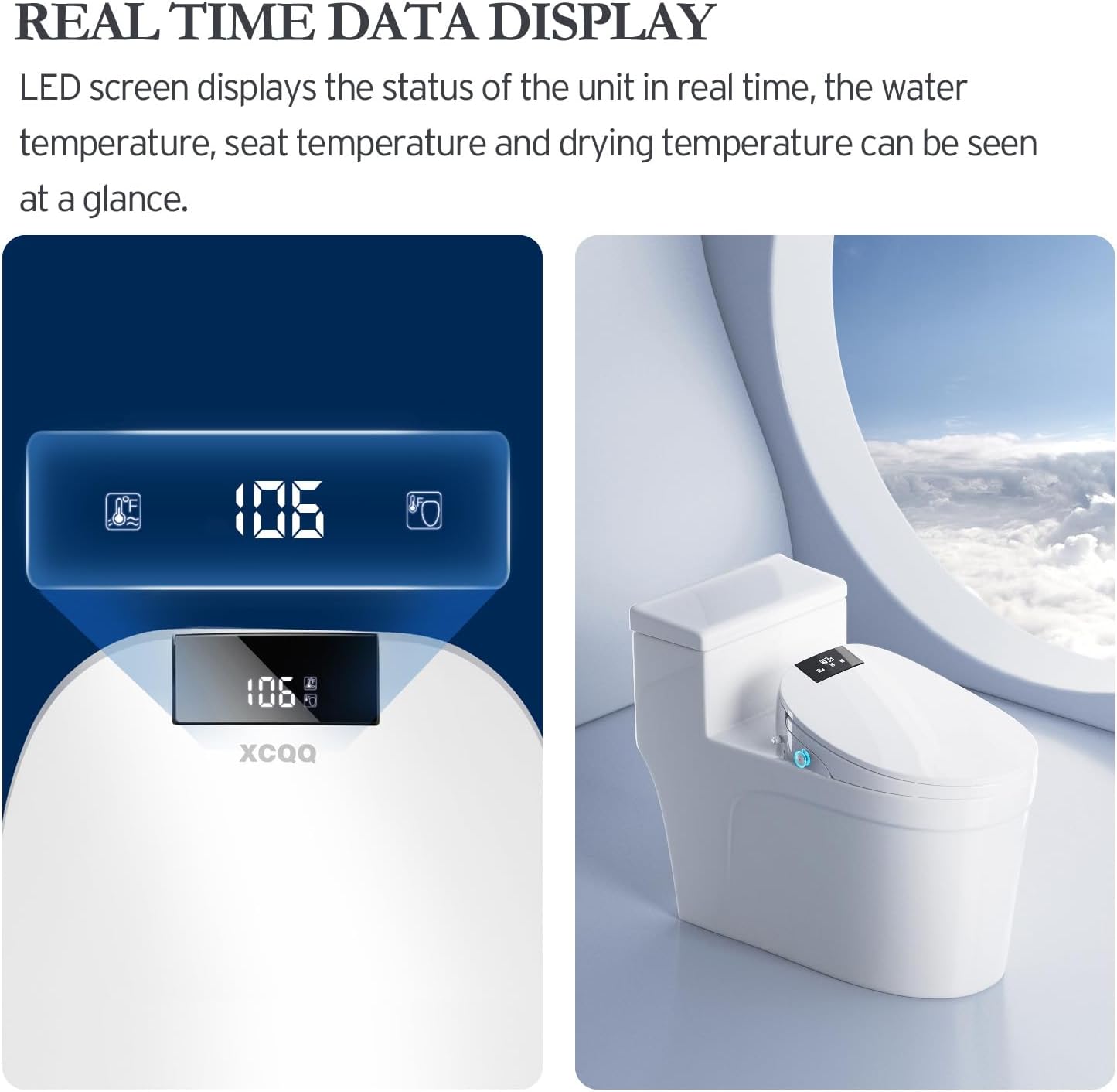 XCQQ Electric Bidet Toilet Seat with Remote, Heated Toilet Seat, Instant Warm Water, Warm Air Dryer, Rear & Feminine with Oscillating Cleansing, Night Light, Slow Close Lid, LED Display - Elongated