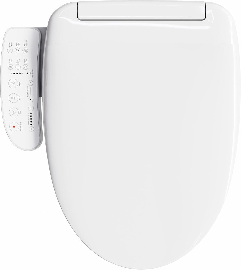 HOROW B0403 Elongated Bidet Toilet Seat, Soft Closing Adjustable Heated Seat fits for T0338W Toilet, Electronic Smart Seat with Warm Air Dryer and LED Night Light, White Side Arm Control