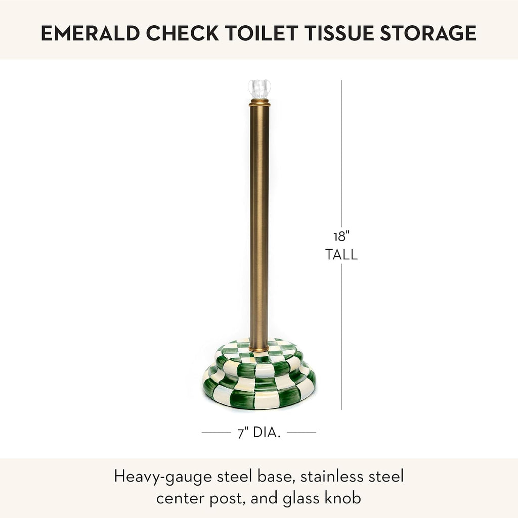 MACKENZIE-CHILDS Enamel Toilet Tissue Storage, Decorative Toilet-Paper Holder Stand for Bathroom, Green-and-White Emerald Check