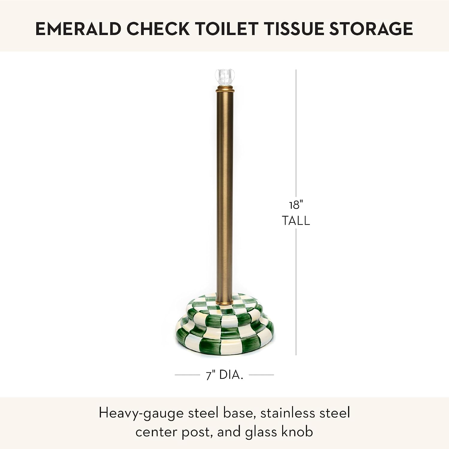 MACKENZIE-CHILDS Enamel Toilet Tissue Storage, Decorative Toilet-Paper Holder Stand for Bathroom, Green-and-White Emerald Check