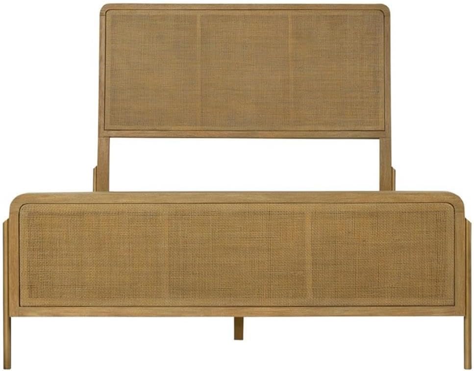 Pemberly Row 4-Piece Eastern King Bedroom Set, Sand Wash Finish, Solid Wood and Natural Cane, Includes Bed, Nightstand, Dresser, Mirror, Mid-Century Modern Style, USB Ports, Storage, Elegant Retreat