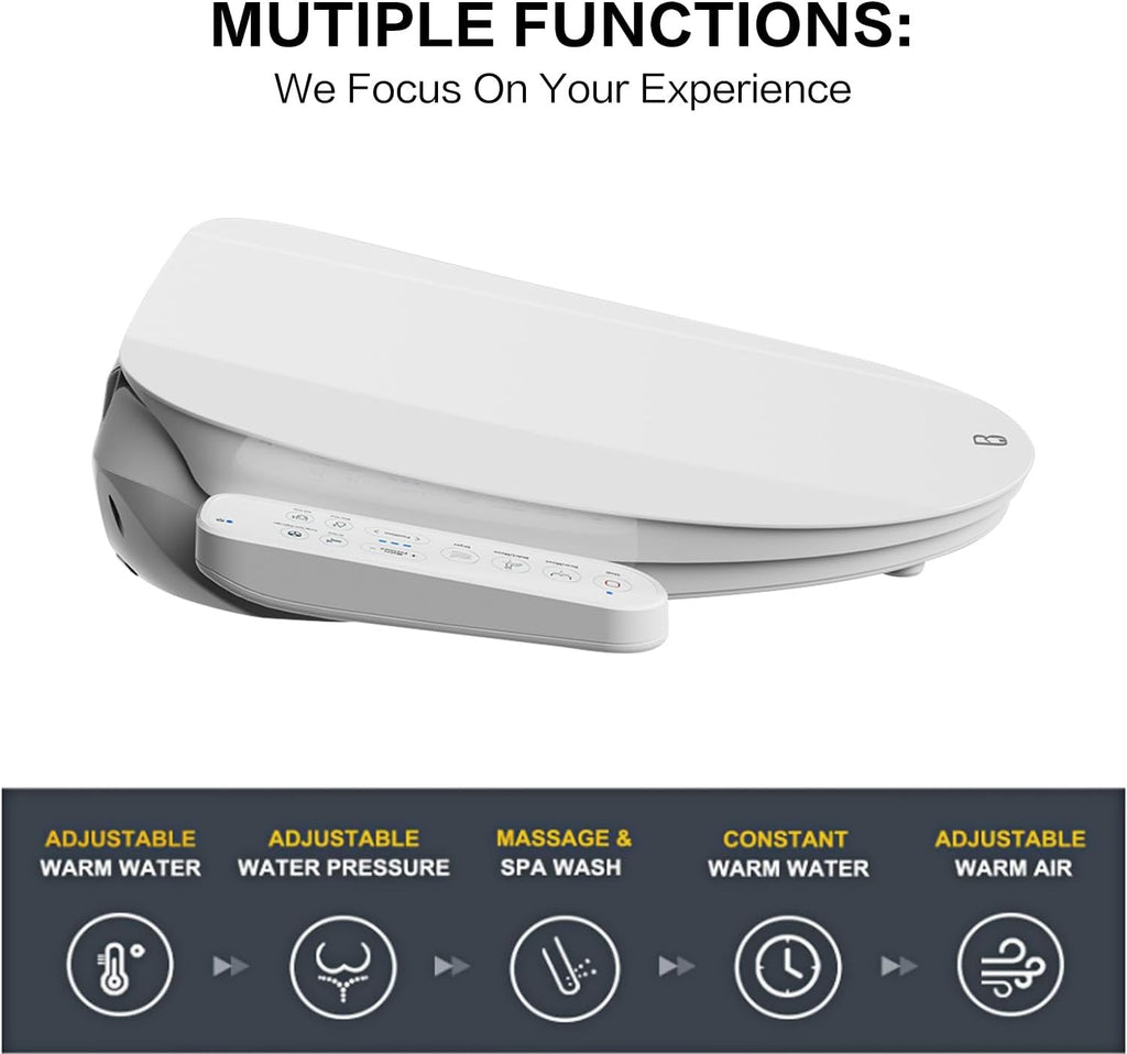FN1 Electronic Bidet Seat Elongated, Smart Toilet Bidet Seat, Bidet Attachment for Toilet Warm Water, Warm Air Dryer, Rear and Front Wash, LED Light
