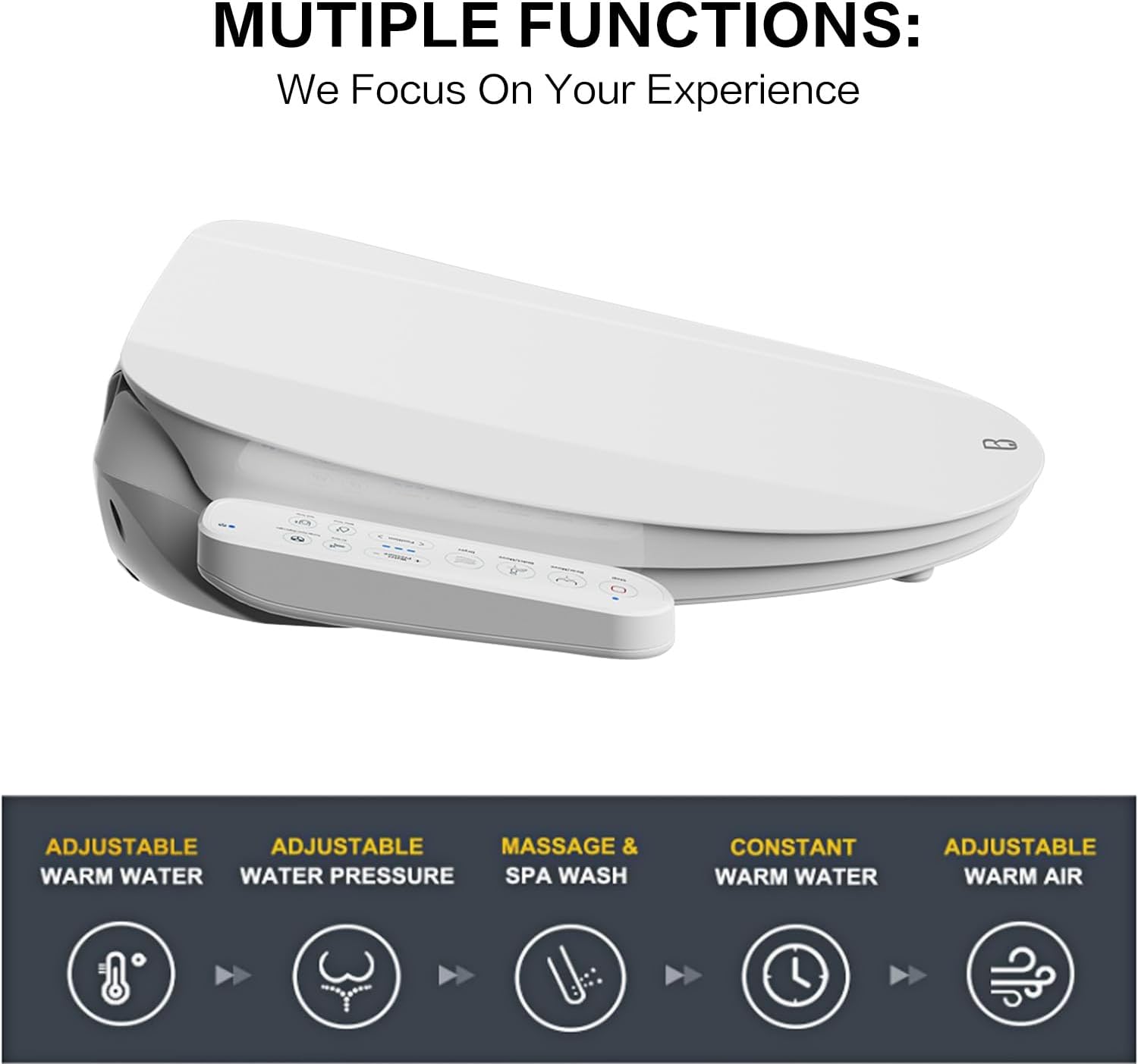 FN1 Electronic Bidet Seat Elongated, Smart Toilet Bidet Seat, Bidet Attachment for Toilet Warm Water, Warm Air Dryer, Rear and Front Wash, LED Light