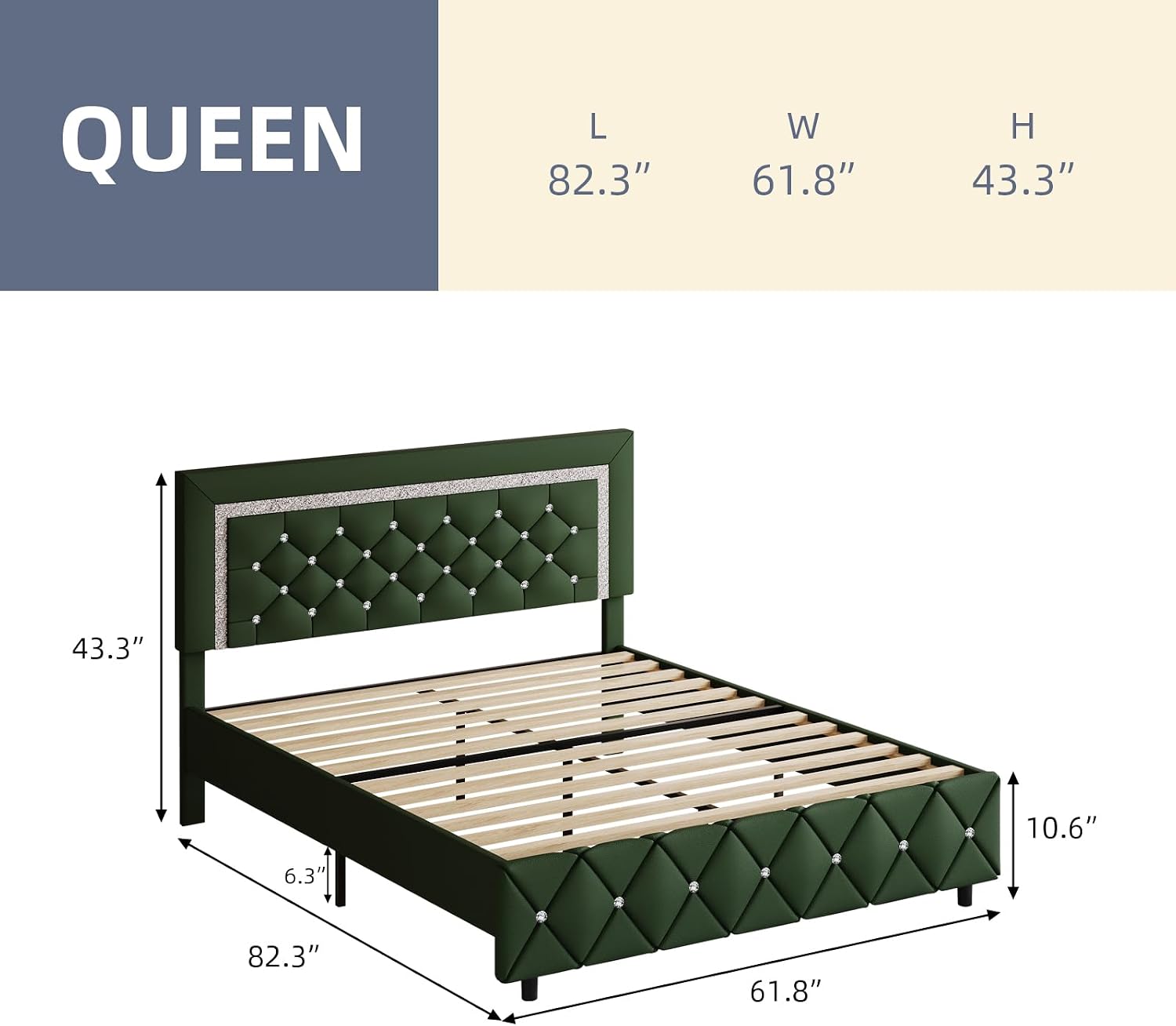BarnFurin Queen Size Bed Frame with Headboard, Faux Leather Upholstered Bed with Diamond Tufted Design, Modern Bed Frame with Wooden Slats Support, No Box Spring Required, Easy Assembly, Green