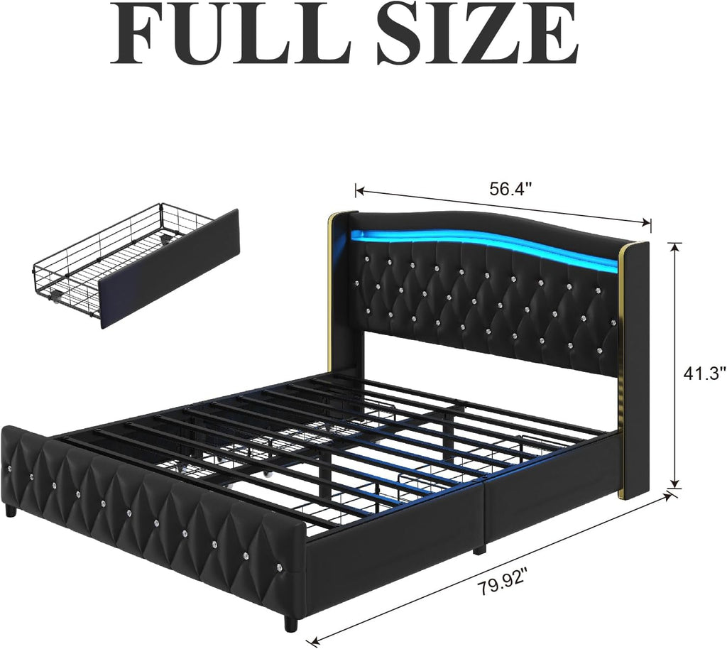 E-Motie Full Size Bed Frame with Wingback Headboard, Upholstered Platform Bed with RGB LED Lights, Charging Station, 4 Storage Drawers & Metal Slat Support, No Box Spring Needed, Black