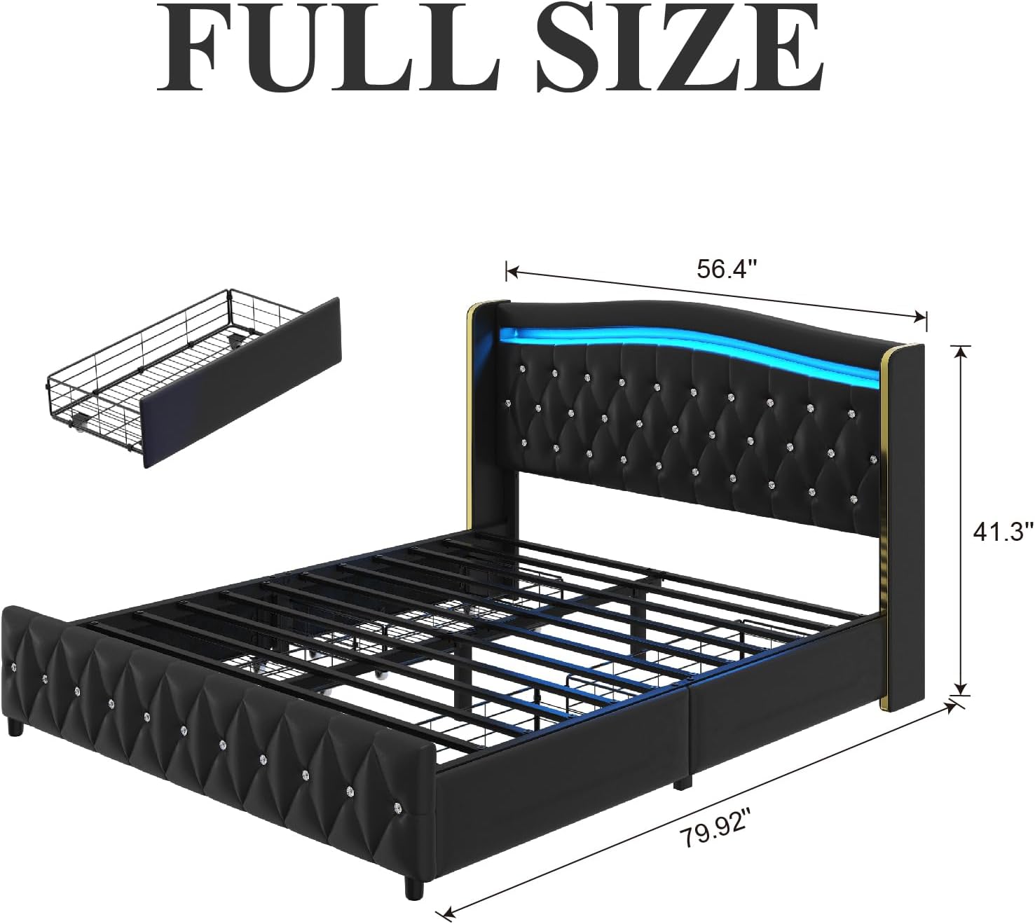 E-Motie Full Size Bed Frame with Wingback Headboard, Upholstered Platform Bed with RGB LED Lights, Charging Station, 4 Storage Drawers & Metal Slat Support, No Box Spring Needed, Black