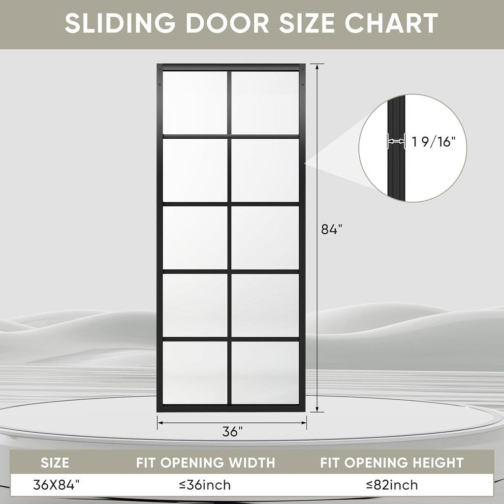 Jubest DIY Glass Sliding Closet Kitchen Door, 36in x 84in Modern French 5-Lite Clear Tempered Glass Aluminum Frame, Easy Assembly